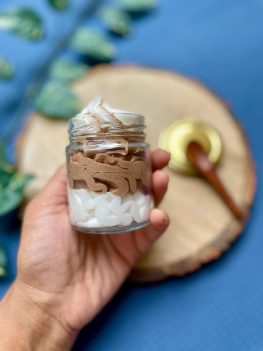 Chocolate Marble whipped body wash with a rich, fluffy lather