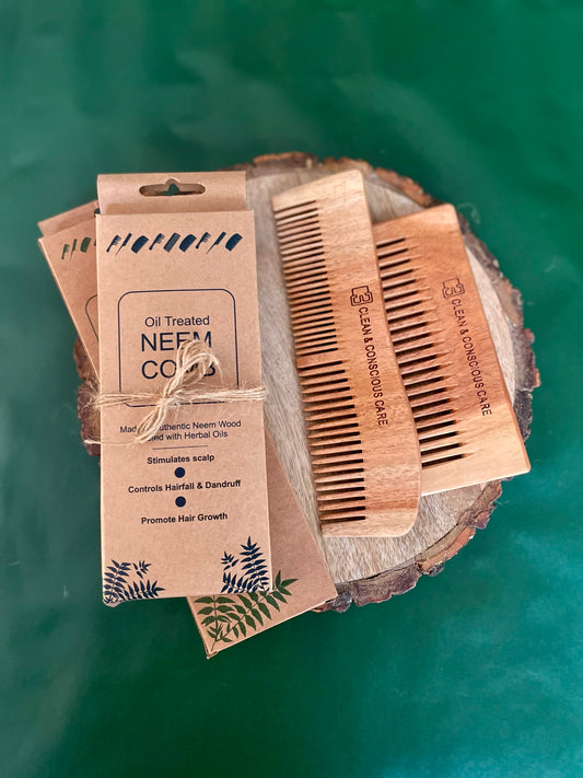 Neem wood comb set of 2: a regular comb and a wide-tooth detangler