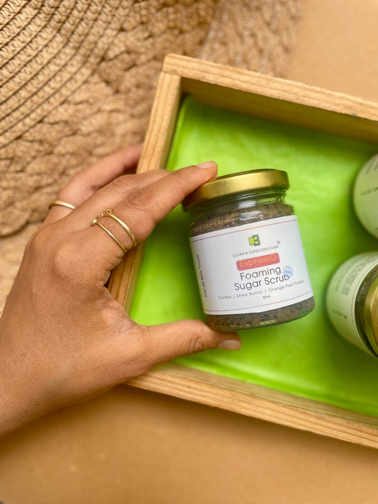 EspressO whipped foaming sugar scrub with arabica coffee and mango butter, handmade by Clean & Conscious Care