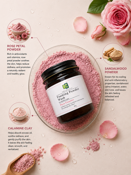 Herbal Essence powder face wash key ingredients: rose, sandalwood, calamine, kaolin clay and oat flour