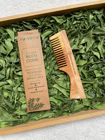 Handcrafted neem wood comb with handle for long, thick or curly hair