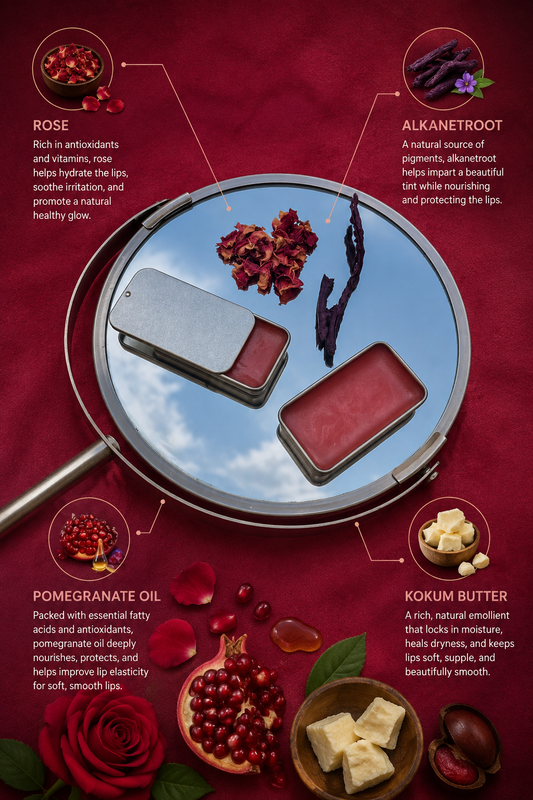 Rosy lip balm with a soft pink tint from alkanet root and rose
