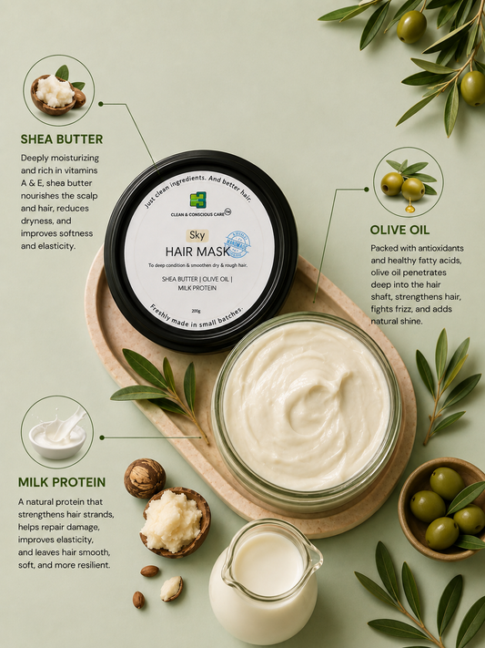 Sky smoothening hair mask key ingredients: shea butter, olive oil and milk protein