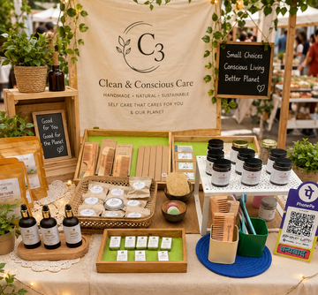 A styled product display booth for Clean & Conscious Care, featuring handmade natural and sustainable self-care items including wooden toothbrushes, small bottles, soap bars, and wooden accessories, arranged on a table with a branded canvas backdrop and string lights.