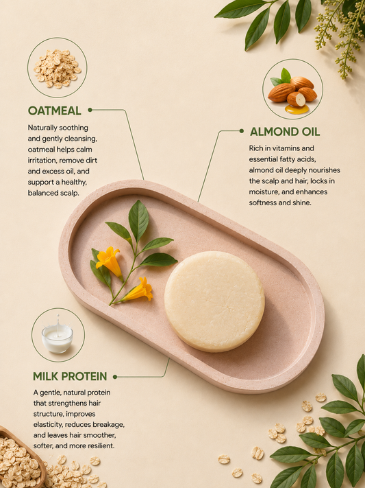 Dew shampoo bar key ingredients: oatmeal, almond oil and milk protein