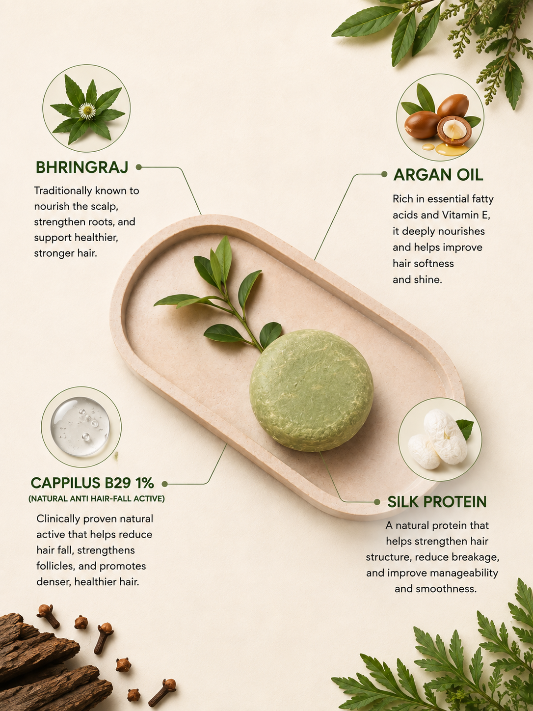 Forest shampoo bar key ingredients: bhringraj, argan oil and silk protein