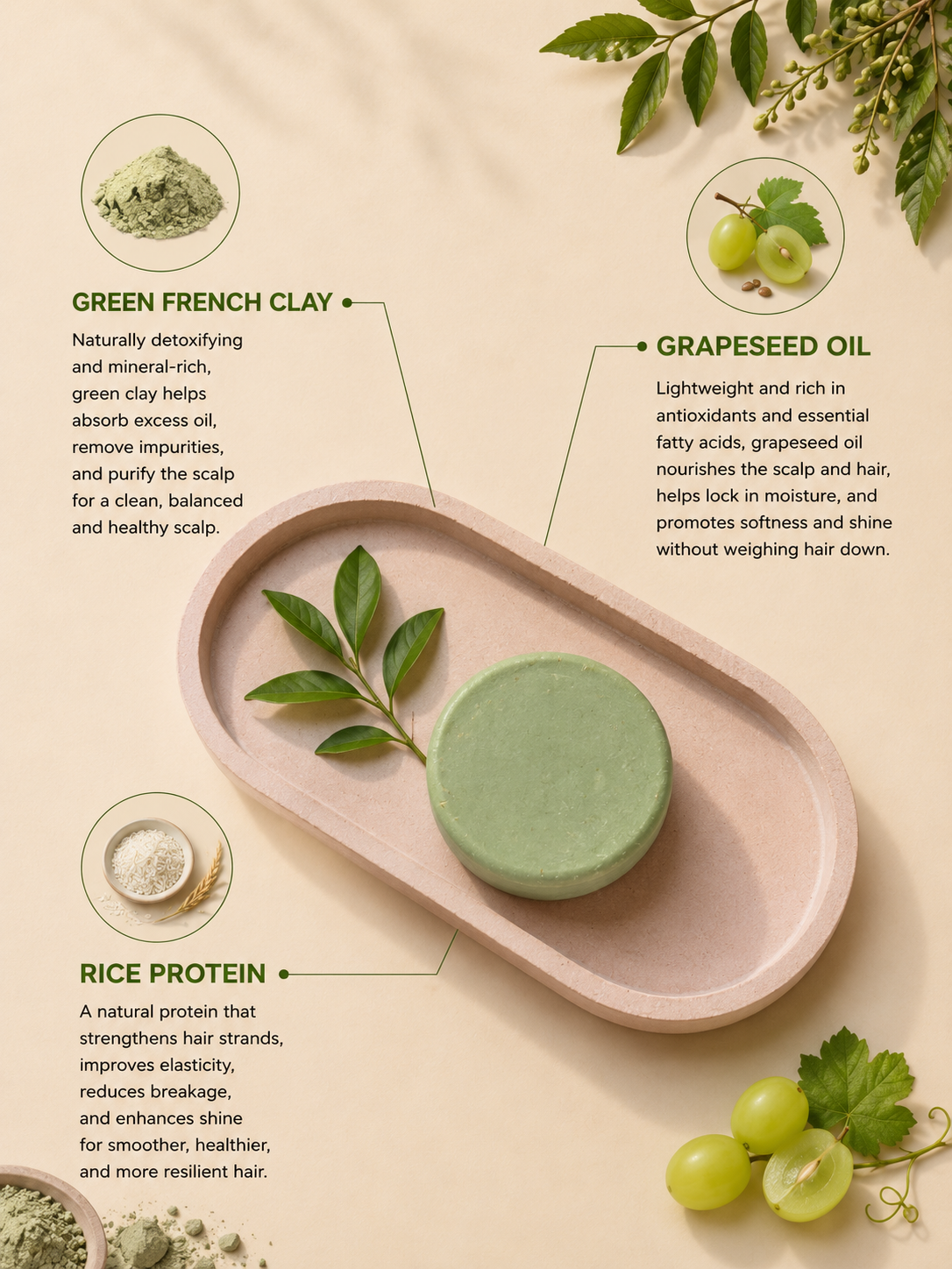 Ocean shampoo bar key ingredients for an oily scalp: green French clay and grapeseed oil