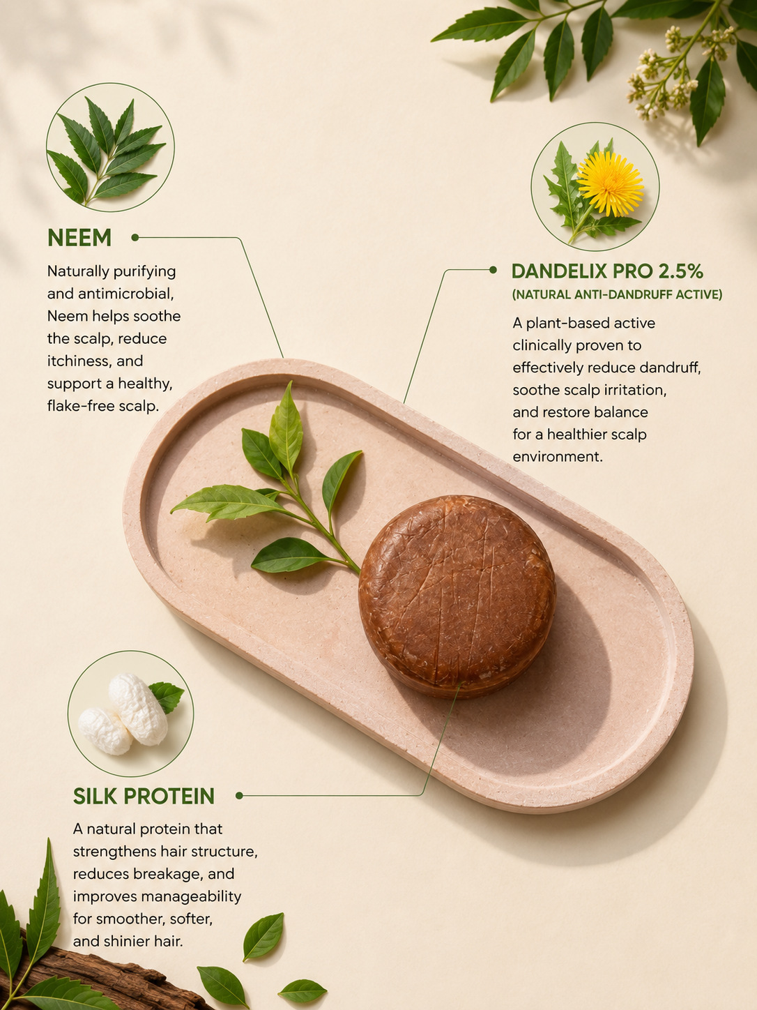 Terrain shampoo bar key ingredients: neem, tea tree and peppermint